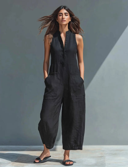 Cotton And Linen Jumpsuit Women Stand Collar Sleeveless Pocket High Waist Wide Legs Jumpsuits Casual Commuting Ladies Bodysuits