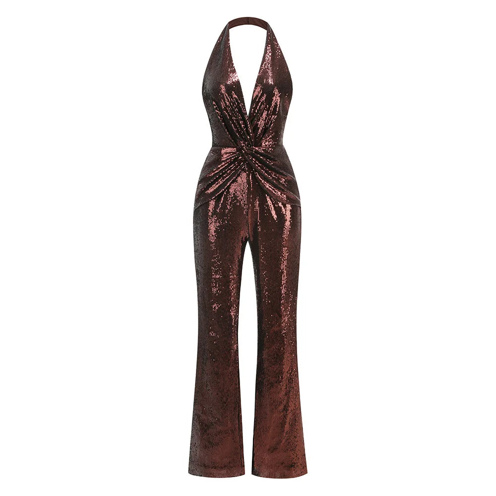 VC Gold Elegant Jumpsuits For Woman Luxury Brown Sequins Design Fashion Party Sexy Backless Sleeveless One Piece Female Clothing