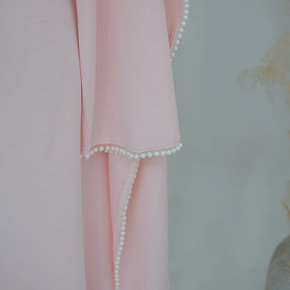 White Pearl Trim Cape Maxi Dress Women Elegant Long Sleeve Cinched Waist Muslim Robes 2026 Spring EID Abaya Lady Dresses