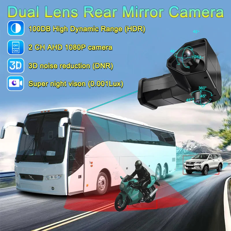 SANAN 2CH 12.3 Inch AHD Digital Rear View Mirror System BSD 1080P Night Vision Camera Dual Lens Side View Blind Zone Monitoring