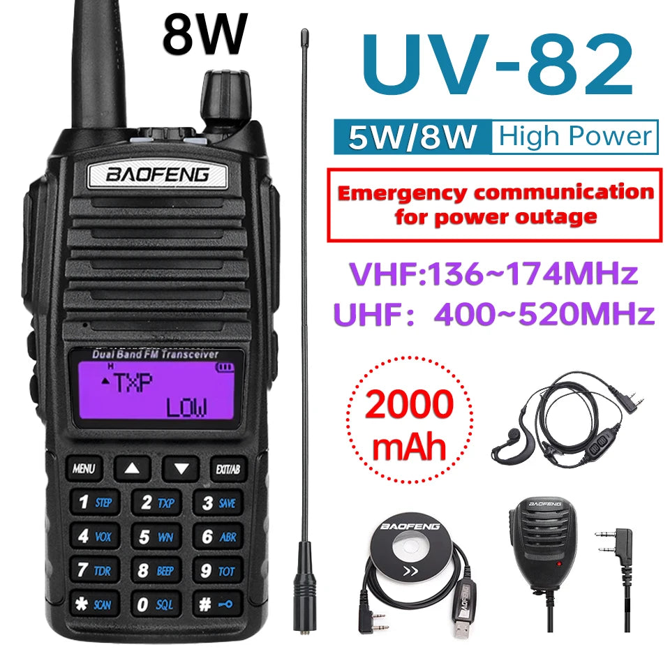 5W/8W High Power Baofeng UV-82 Unieke Dual PTT Walkie Talkie Uv82 Dual Band Vhf/Uhf FM 10Km Long Rang Two Way Ham CB Radio