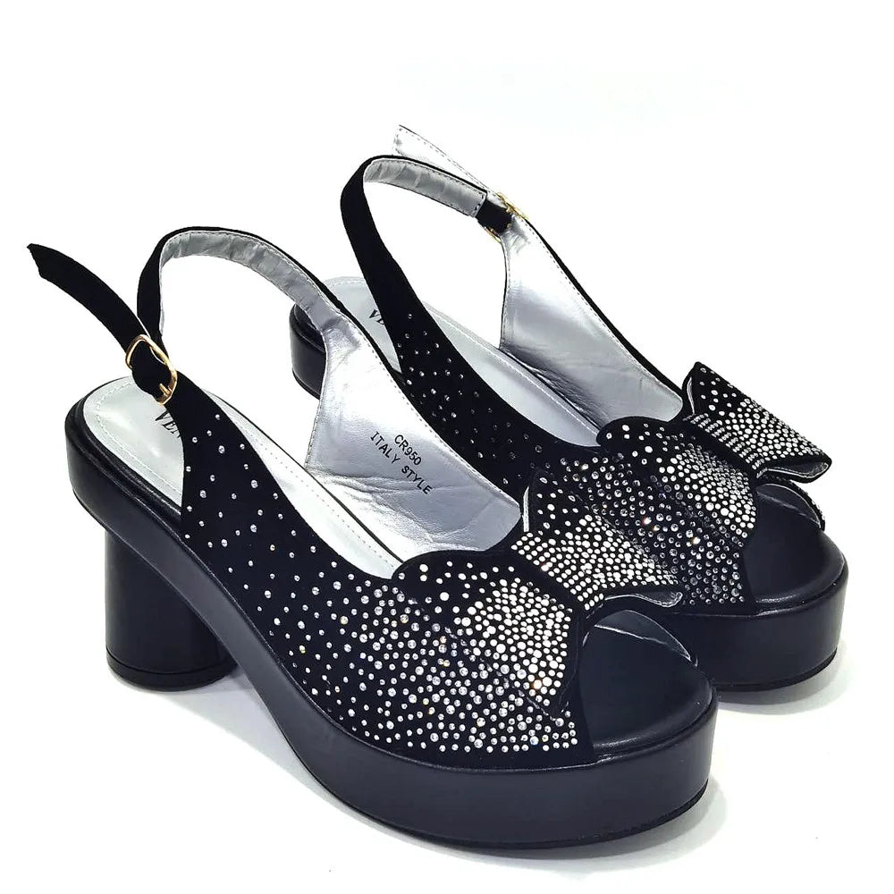 2024 Silver Fashion Square Heels with Platform African Women Shoes and Bag Set Full Crystal Pumps for Wedding Party