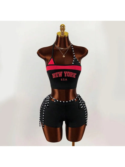 2026 new summer American retro sports Y2K hanging neck shorts two-piece set punk street trend fashion ins personality spicy girl