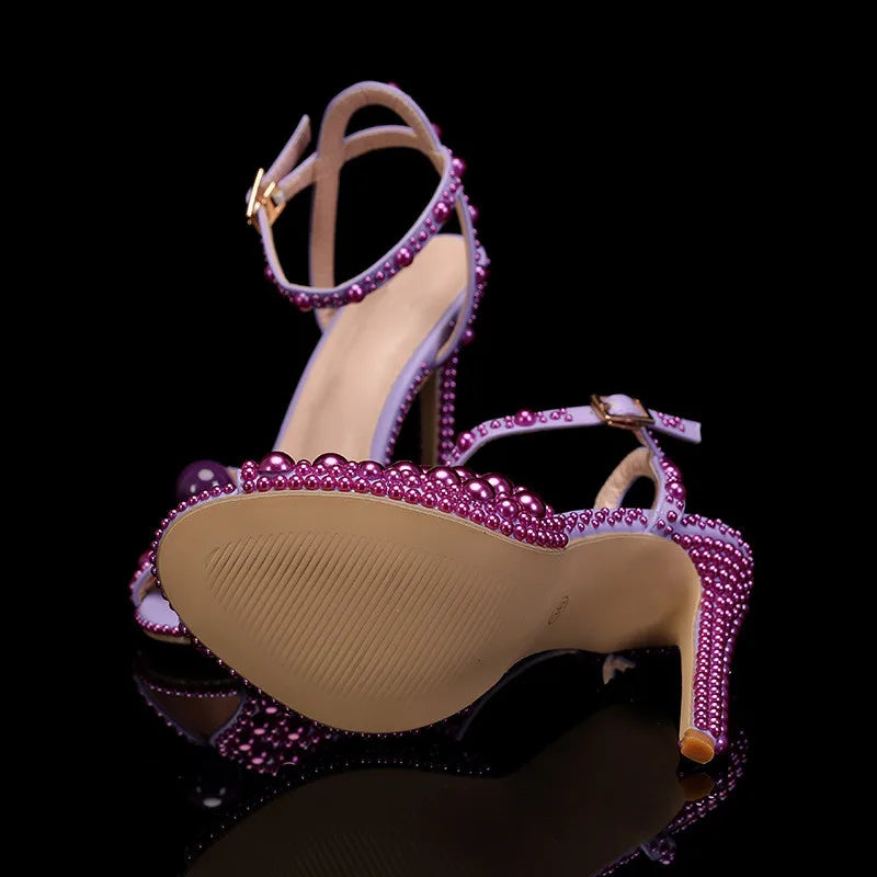Luxury Handmade Pearl Peep Toe Women Sandals Fashion Summer Wedding Princess Thin High heels Elegant Party Prom Bridal Shoes