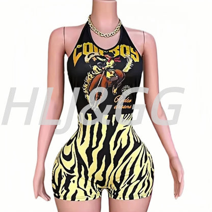 HLJ&GG Sexy Pattern Print Halter Bodycon One Piece Rompers Women Deep V Sleeveless Backless Slim Jumpsuits Fashion Trend Overall