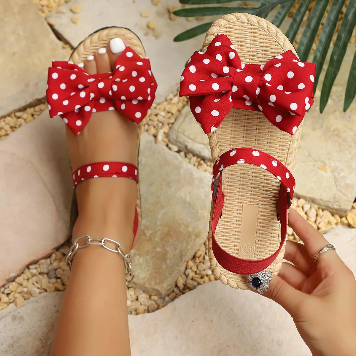 Ladies Flat Sandals Polka Dot Butterfly Knot Multi-Color Comfortable Footwear Fashionable Summer Shoes