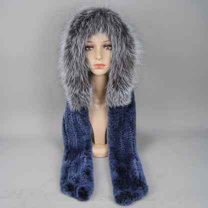 Lady Warm Fluffy Real Rex Rabbit Fur Hat Scarf Luxury Knit Fur Caps Muffler Winter Thick Women 100% Natural Fox Fur Hat Scarves