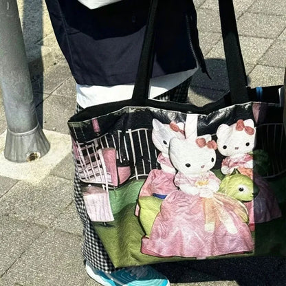Y2k Hello Kitty Print Handbag Non-woven Fabric Creative Light-weight Shoulder Bag Large Capacity Leisure Shopping Bag for Women