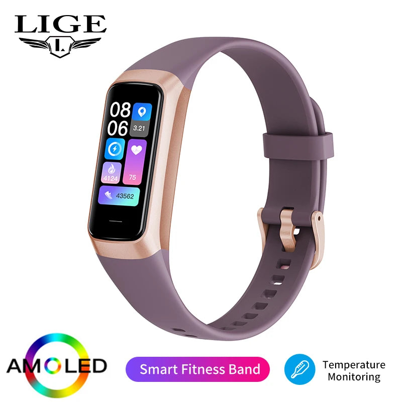 LIGE 1.1 Inch Amoled Heart Rate Monitor Smart Bracelet Wristband Slim Smart Watch Men Women Waterproof  Fitness Tracker Band