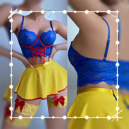 Halloween Lingeries Sexy Hot Snow White Princess Cosplay Bra Thong Skirt 3PC Leg Circles Dopamine Roleplay Costume