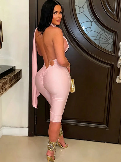 Beyprern Elegant Pink Halter Backless Jumpsuits for Women Sexy Bodycon Jumpsuit Club Party Night Outfits Rompers 2026