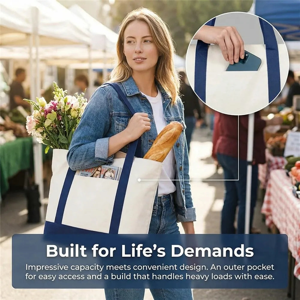 1/3/6PCS Heavy Duty Canvas Tote Bag with Front Pocket Blank DIY Reusable Grocery Shoulder Bag for Women Office School Beach