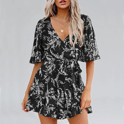 Hot-selling Women's Jumpsuits V-neck Flared Sleeves High Waist Plant Printed Pleated Lace-up Fashion High Street Playsuits