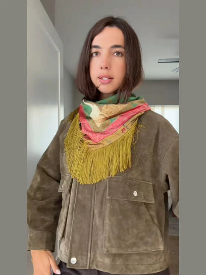 Vintage Tassel Printed Satin Square Scarf Women Fashion Fringe Trim Shawl Accessories 2026 Spring Summer Casual Scarves Shawls