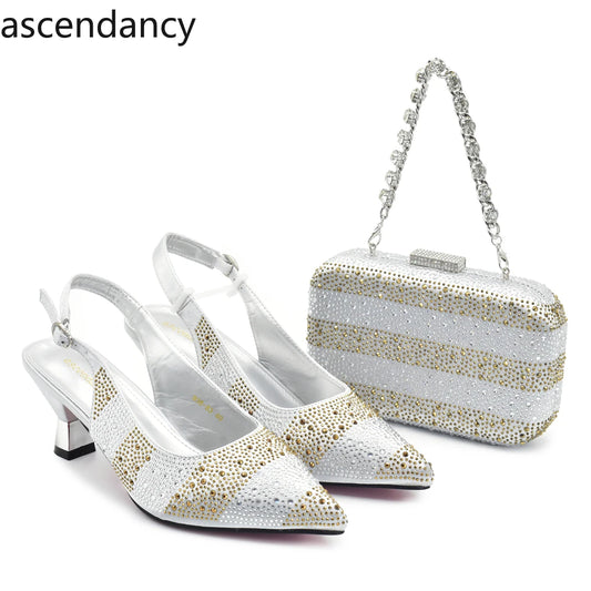 New Fashion Women Nigerian Italian Shoes and Bags Set Decorated with Rhinestone Elegant Woman Heeled Shoes Wedding Leather Shoe