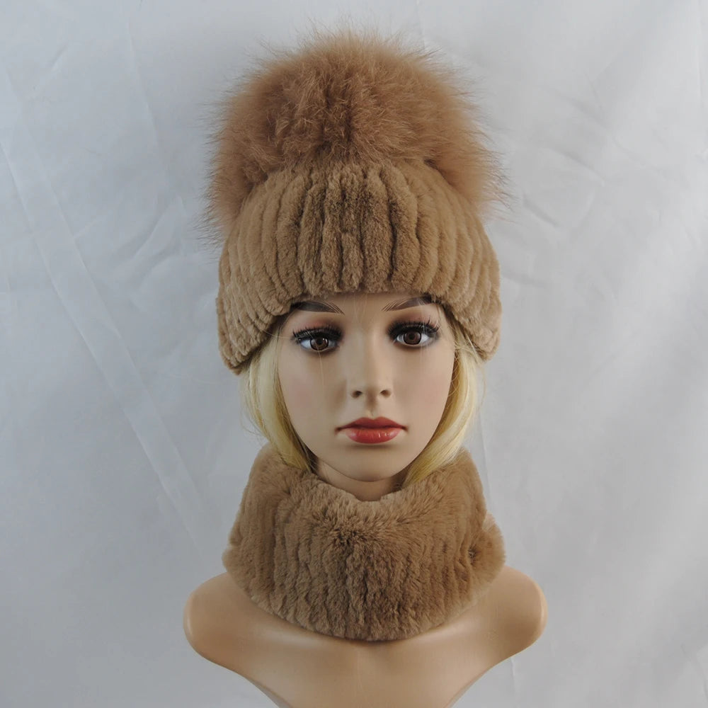 New Winter Lady Brand Hand Make Real Genuine Fox Fur Hat Scarf Girls Natural Real Rex Rabbit Fur Ring Cap Real Fur Scarves Hats
