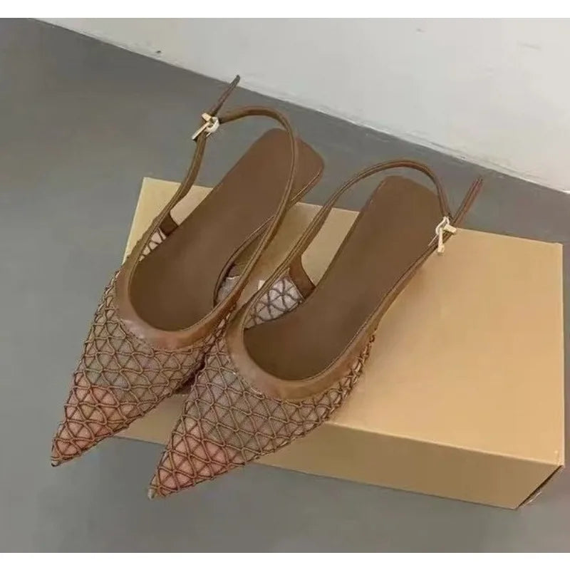 Luxury Brand High Heels Women Sandals Mesh Embroider Elegant Pointed Ladies Slingback Party Wedding Bridal Dress Shoes Woman
