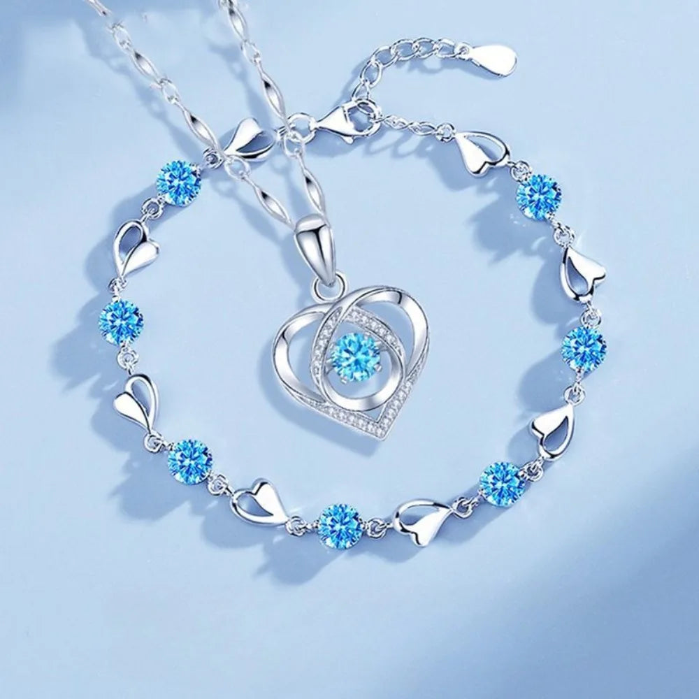 925 Sterling Silver Heart Shaped Necklace Bracelet Set for Women Vintage Korean Crystal Bracelets High Quality Set Party Jewelry