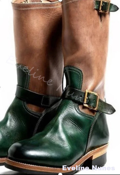 Black Vintage Leather Engineer Boots Men Round Toe Double Metal Buckle Slouchy Mid Calf Boots Low Block Heel Motorcycle Boots