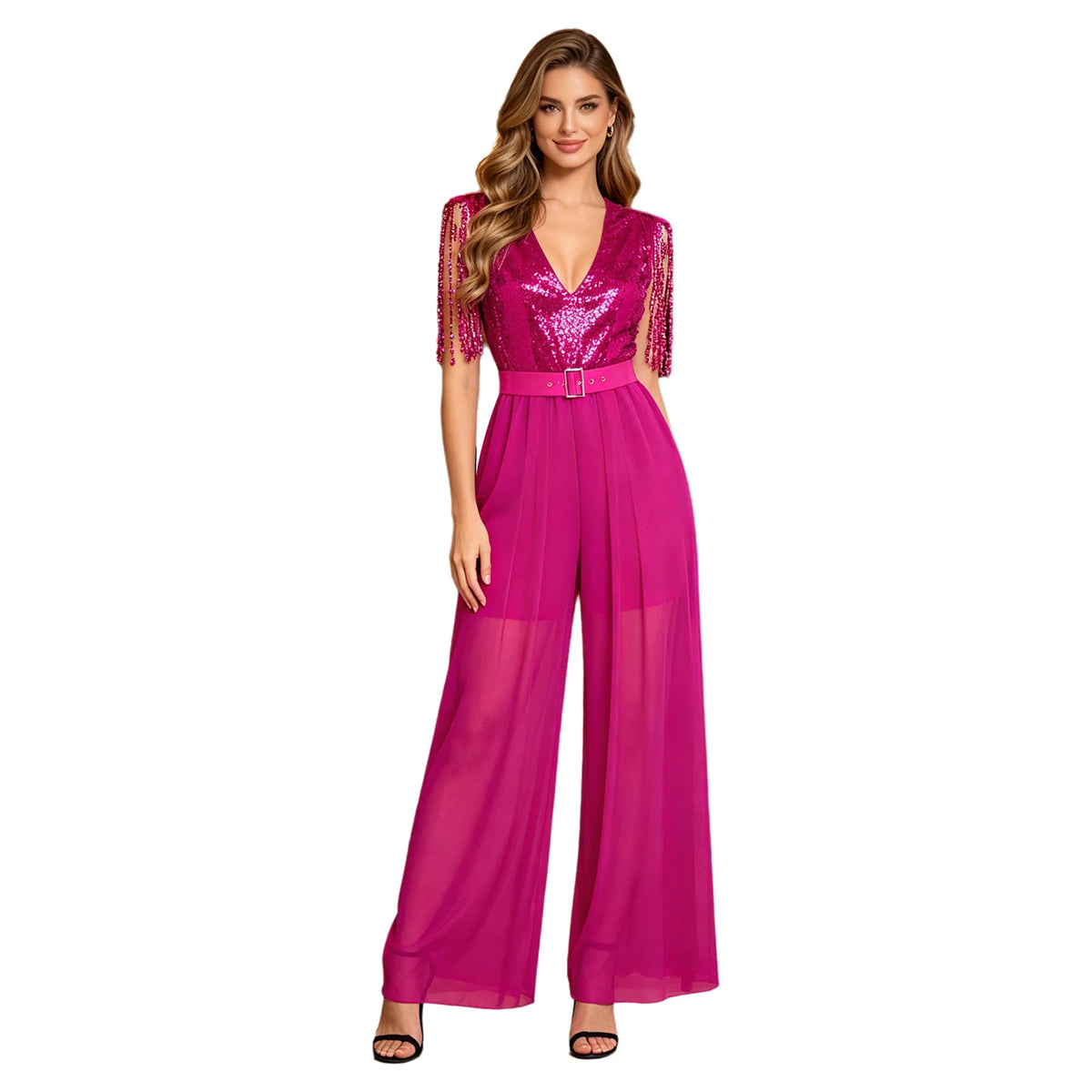 Women Evening 70s 80s Disco Costume Outfit Wide Leg Pants Cocktail Clubwear Party Romper Tassel Sequin Jumpsuits Fringe Jumpsuit