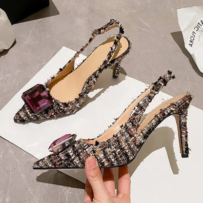 Luxury Diamonds Brand High Heels Women Sexy Pointed Toe Pumps Jewelry Sandals Ladies Elegant  Backless Party Dress Shoes Female