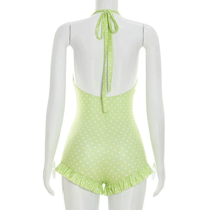 Bandage Halter Playsuits Women Polka Dot Print Summer Ruched Outfits Slim Backless Sleeveless V Neck Rompers Vacation Beach Gift
