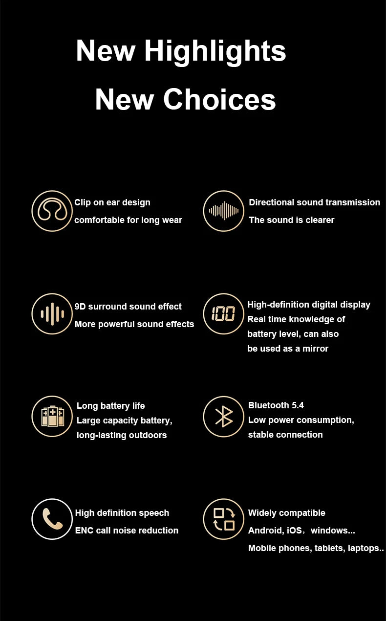 New Bluetooth Earphones Mirror-Style Digital Display Soft Silicone Ear Clip Wireless Headphone HD Noise Reduction Sports Headset