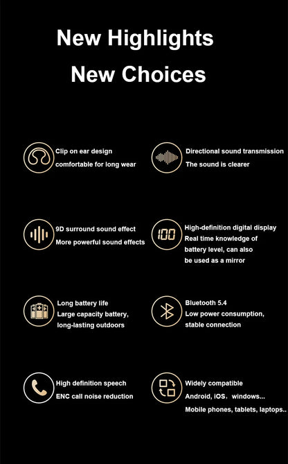 New Bluetooth Earphones Mirror-Style Digital Display Soft Silicone Ear Clip Wireless Headphone HD Noise Reduction Sports Headset