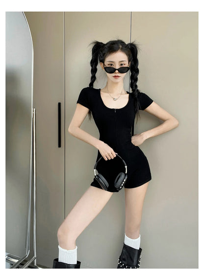 Womens Playsuits Yoga Low Neck Slim Fit Short Sleeve Jumpsuits Stretch One Piece Romper Sexy Fitness Female Sportwears Zipper