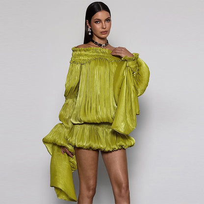 Fashion Off Shoulder Satin Ruffled Dress Set Elegant Puff Long Sleeve Irregular Hem Mini Skirt 2026 NEW Summer Lady Vestidos