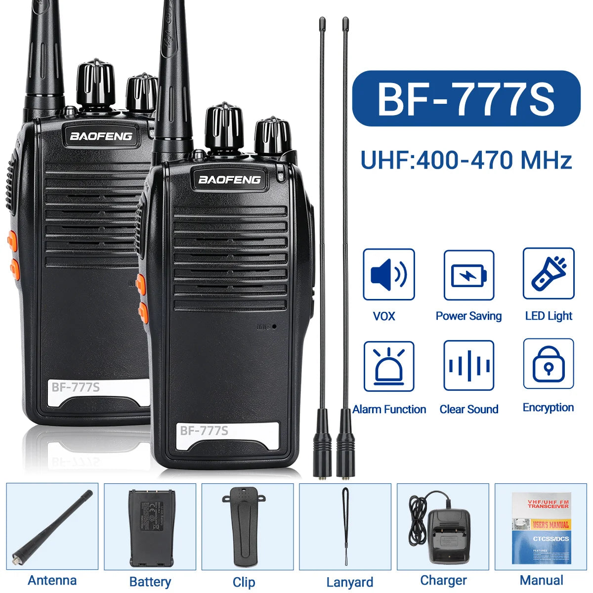 Baofeng BF-777S 5W UHF 400-470MHz Walkie Talkie 16CH 1500mAh Lithium Battery Long Range Two Way Radio for Construction Hotel
