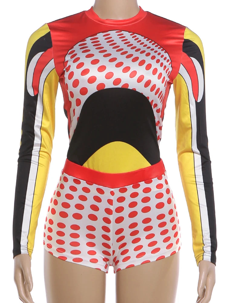 Sisterlinda Trend 2 Piece Set Women Sexy Colorful Print O-Neck Full Sleeve Patchwork T-Shirt+Polka Dot Bike Short Streetwear