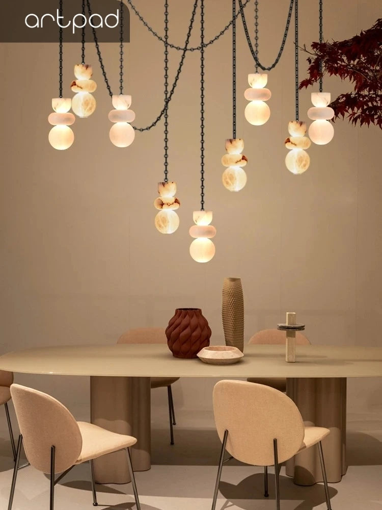 Alabaster Marble Chain Hanging Pendant Lights Collection for Dining Room Spanish Natural Marble LED Chandelier For Living Room