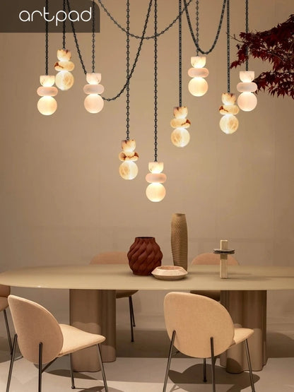 Alabaster Marble Chain Hanging Pendant Lights Collection for Dining Room Spanish Natural Marble LED Chandelier For Living Room