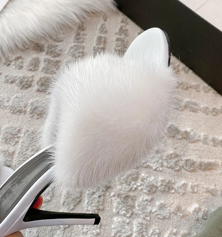 Mink fur high heels for women, slim heels, summer new style, open toe slippers, sexy fish mouth leather party sandals for women