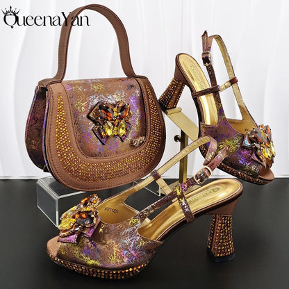 New Print Design Elegant Mature Style Gold Color Essential for Banquets, Exquisite HandBag with Peep Toe Sexy High-Heeled Shoes