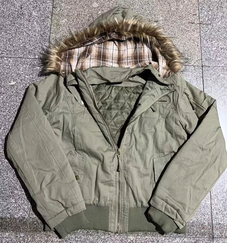 Women's Daily Commute Army Green Thicken with Fur Collar Warm Design Cardigan for Winter Harajuku Japanese Style Simple Jackets