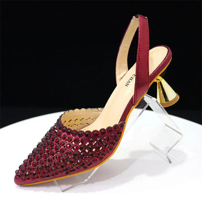Venus Chan 2026 Elegant Women's Pointed Toe Heels - Wine Color Full Diamond Pumps with Matching Italian Shoes & Bags Set