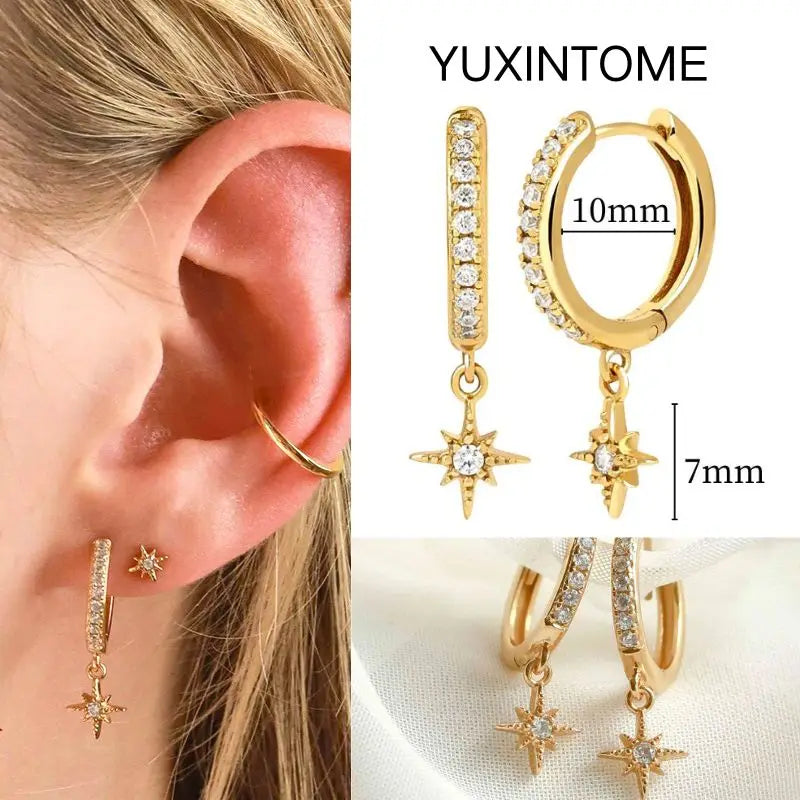White Color Zircon Hoop Earrings 925 Sterling Silver Needle Cross/Star/Flower/Water Drop Pendant Gold Earrings Luxury Jewelry