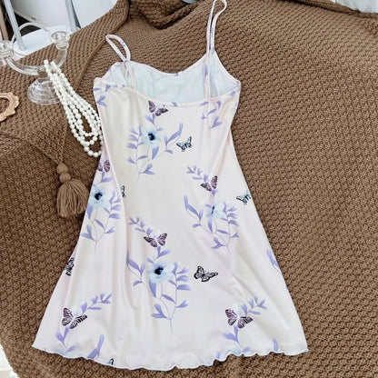FINETOO Summer Teddy Bear Sleepwear Women Seamless Hearts Butterfly Floral Printed Sleeveless Ruffled Loungewear Cute Nightdress
