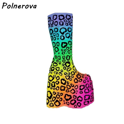 Double Platform Knee High Boots Rainbow Patchwork Round Toe Thick Soled Women's Shoes Women's Fashion Sexy Leather Winter Boots