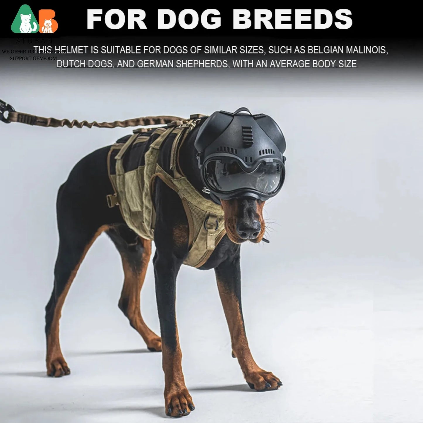 ATUBAN Tactical Dog Military Hunting Training K9 Helmet, Large Dog Patrol Dogs Sheepdog Pet Motorcycle Protective Helmet Goggles