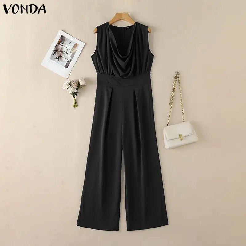 VONDA Summer Women Jumpsuits Sleeveless Fashion Wide Leg  Jumpsuits Rompers Playsuit Elegant OL Work Overalls Solid Trousers