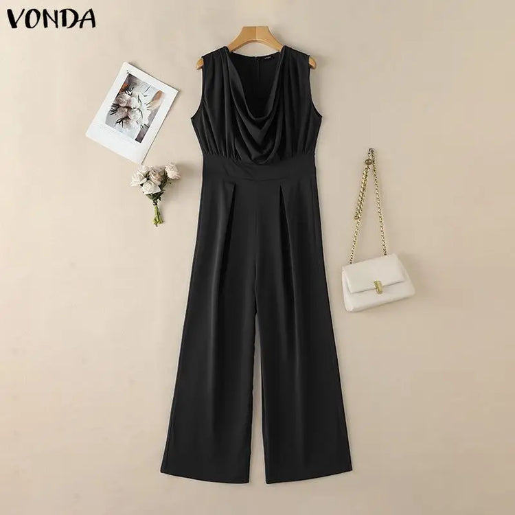 VONDA Summer Women Jumpsuits Sleeveless Fashion Wide Leg  Jumpsuits Rompers Playsuit Elegant OL Work Overalls Solid Trousers