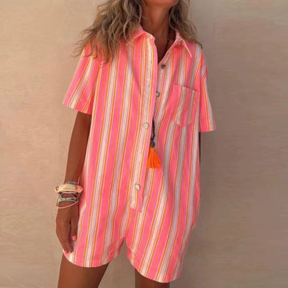 Short Sleeve Causal Party Jumpsuits Fashion Commute Stripes Print Loose Romper 2026 Elegant Lapel Collar Button Short Playsuit