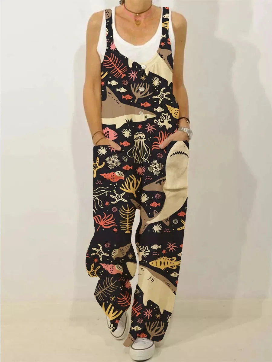 Women's Sleeveless Jumpsuit 2022 Summer Boho Floral Wide Leg Long Pants Rompers Ladies Strap Plus Size Casual Loose Bib Trousers