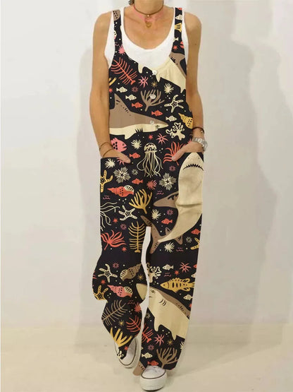 Women's Sleeveless Jumpsuit 2022 Summer Boho Floral Wide Leg Long Pants Rompers Ladies Strap Plus Size Casual Loose Bib Trousers