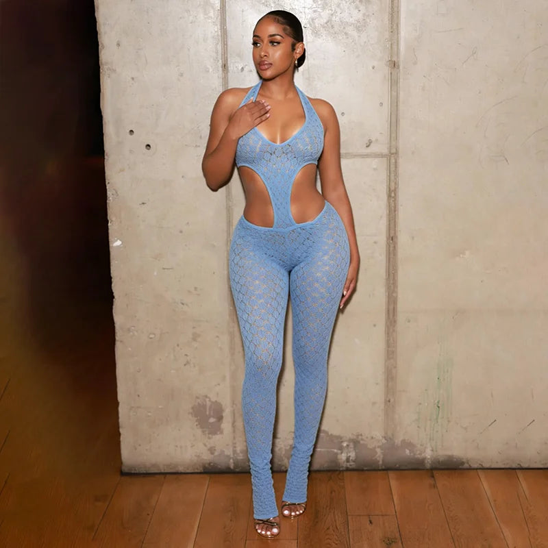 Woman Halter See Through Sexy Lace Hollow-out Patchwork Bodycon Jumpsuits  Backless Rompers Female Streetwear Overalls