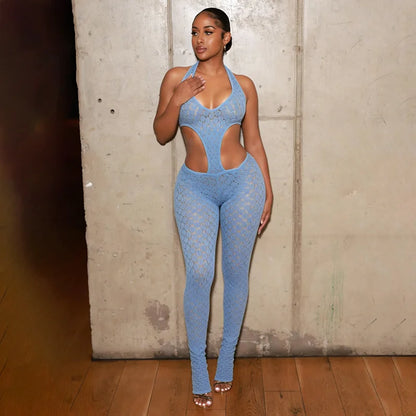 Woman Halter See Through Sexy Lace Hollow-out Patchwork Bodycon Jumpsuits  Backless Rompers Female Streetwear Overalls