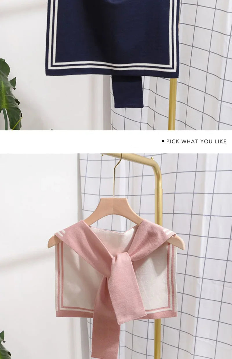 Korean College Navy Stripe Wool Knit Shoulder Cape Knotted Warm Overlapping Shawl Women Summer Neck Scarf T56